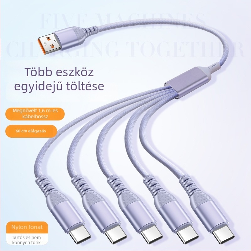 66W gyors töltésű, fonott 5-in-1 töltőkábel USB-C, Micro-USB és Lightning csatlakozókkal (1-2 m)