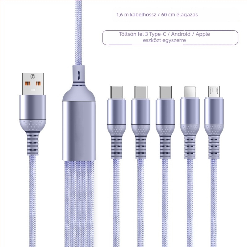 66W gyors töltésű, fonott 5-in-1 töltőkábel USB-C, Micro-USB és Lightning csatlakozókkal (1-2 m)