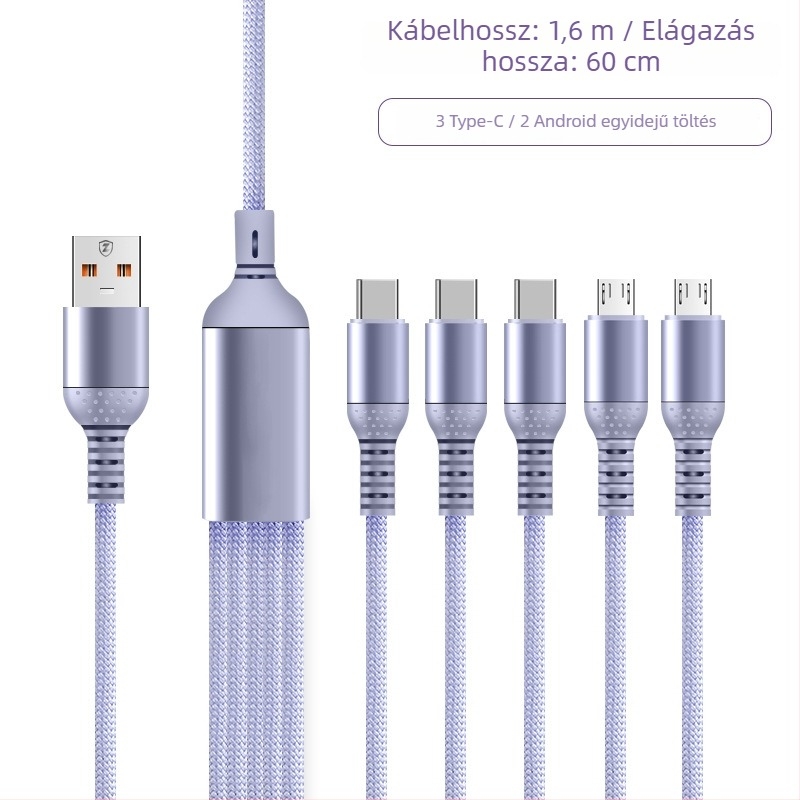 66W gyors töltésű, fonott 5-in-1 töltőkábel USB-C, Micro-USB és Lightning csatlakozókkal (1-2 m)