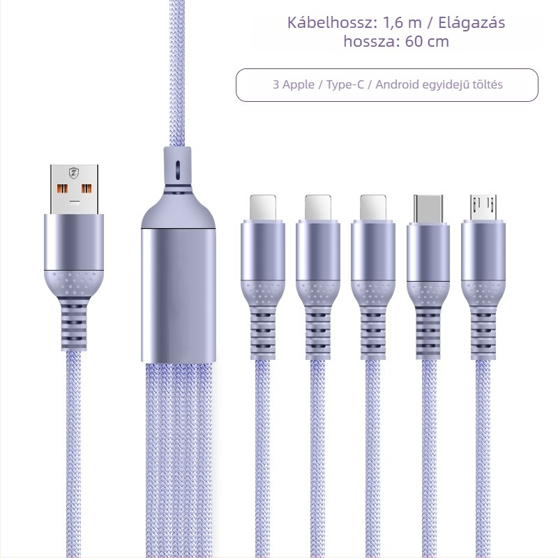 66W gyors töltésű, fonott 5-in-1 töltőkábel USB-C, Micro-USB és Lightning csatlakozókkal (1-2 m)