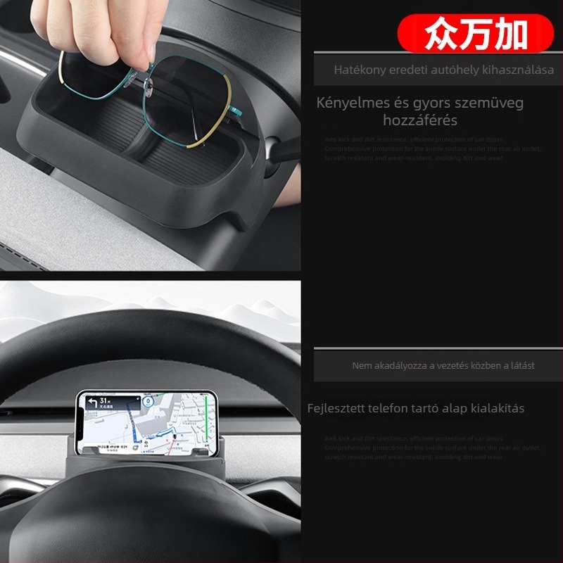 Tesla Model 3/Y/YL volánjához készült telefontartó, szemüveg-tartó és autós navigációs tároló gravitációs rögzítéssel