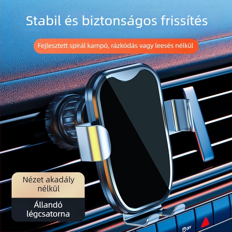 Autótelefon-tartó alumíniumötvözetből, gravitációs rögzítés, illeszkedik a légkivezető nyílásba navigációhoz – univerzális