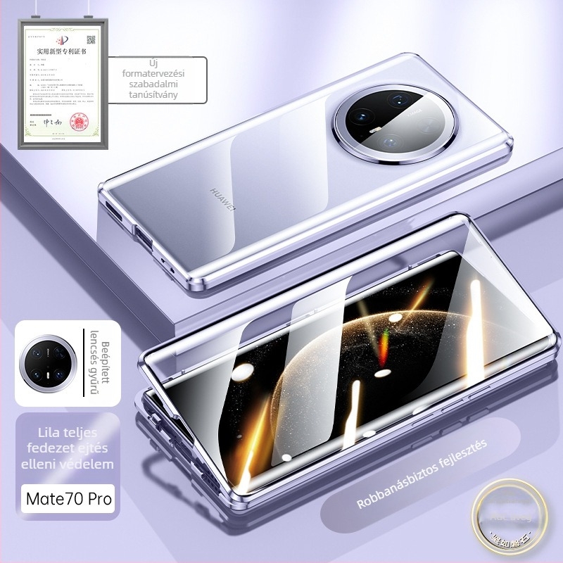 Huawei Mate 70 Pro+ mágneses kettős üvegű tok, ultra vékony, ütésálló