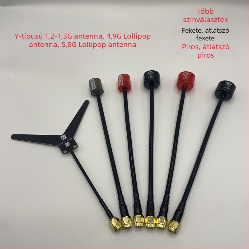 Y-típusú antenna FPV drónhoz, frekvenciák 1.2–1.3 GHz, 4.9 GHz, 5.8 GHz, impedancia 50 Ω, nyereség 2.7, SWR ≤ 1.5