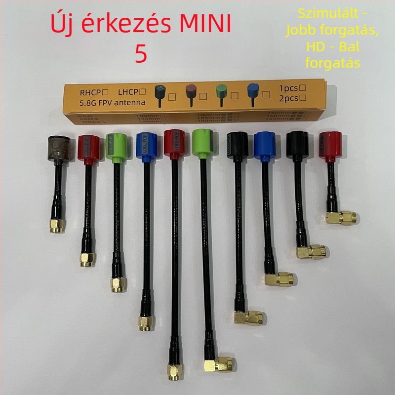 Y-típusú antenna FPV drónhoz, frekvenciák 1.2–1.3 GHz, 4.9 GHz, 5.8 GHz, impedancia 50 Ω, nyereség 2.7, SWR ≤ 1.5