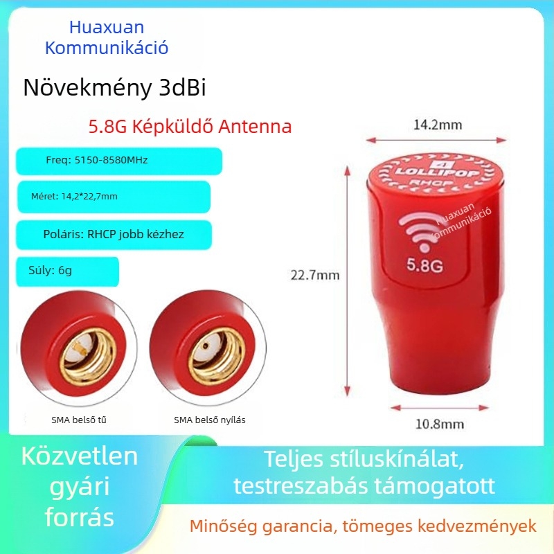 FPV videóátviteli antenna, 5.8 GHz kétsávos, bal- és jobboldali polarizáció, hatótávolság-növelés, V2