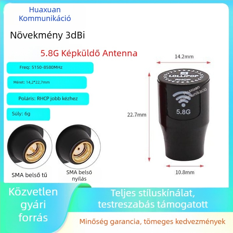 FPV videóátviteli antenna, 5.8 GHz kétsávos, bal- és jobboldali polarizáció, hatótávolság-növelés, V2