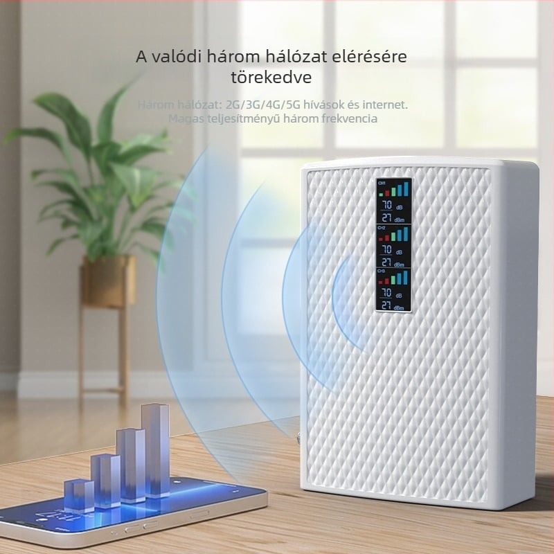 Mobiltelefon-signal erősítő: támogatja a 2G/3G/4G/5G-t, lefedettség 200–2000 m², modell 24C4400F6715, tömeg 0,98 kg
