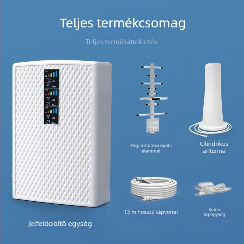 Mobiltelefon-signal erősítő: támogatja a 2G/3G/4G/5G-t, lefedettség 200–2000 m², modell 24C4400F6715, tömeg 0,98 kg