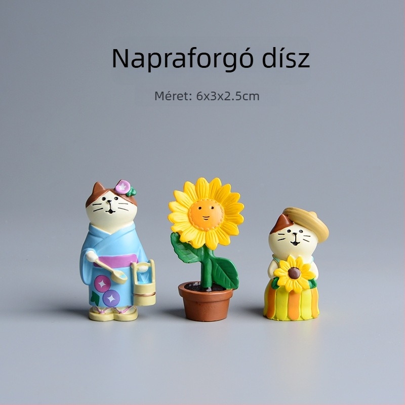 Pastorális macska kerti mini táj dekoráció – cartoon stílus, szintetikus gyantából