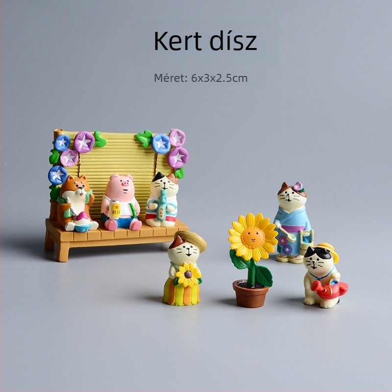 Pastorális macska kerti mini táj dekoráció – cartoon stílus, szintetikus gyantából