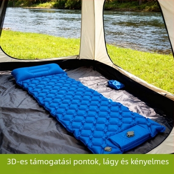 Hordozható kemping matrac párnával és kézi pumpával, 40D nylon TPU; 1–2 fő; súly 600 g