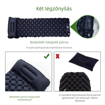 Hordozható kemping matrac párnával és kézi pumpával, 40D nylon TPU; 1–2 fő; súly 600 g