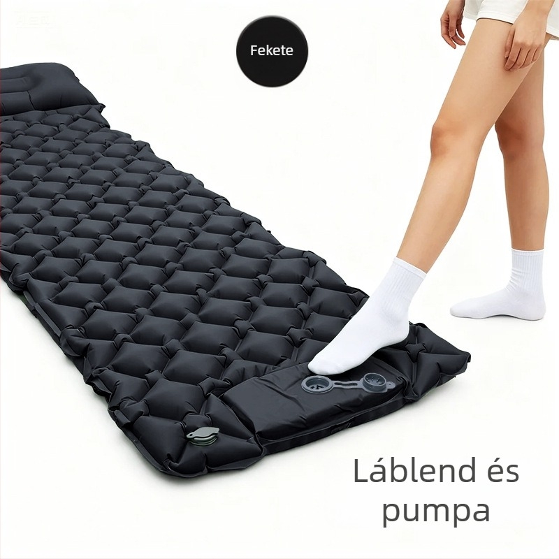 Hordozható kemping matrac párnával és kézi pumpával, 40D nylon TPU; 1–2 fő; súly 600 g