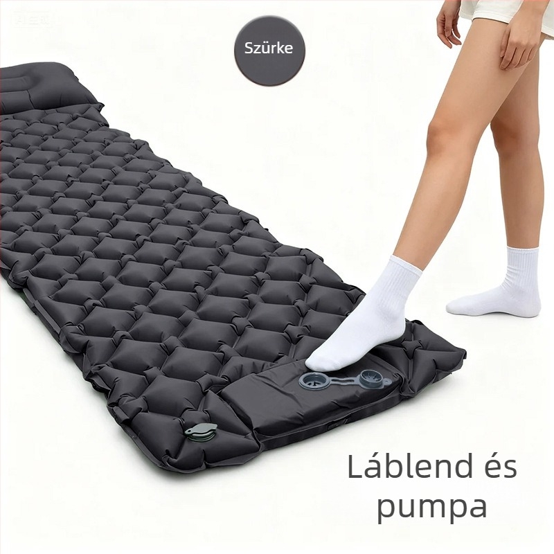 Hordozható kemping matrac párnával és kézi pumpával, 40D nylon TPU; 1–2 fő; súly 600 g