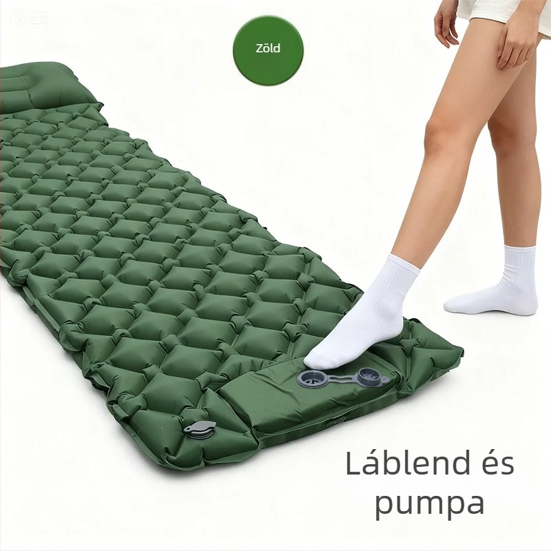 Hordozható kemping matrac párnával és kézi pumpával, 40D nylon TPU; 1–2 fő; súly 600 g