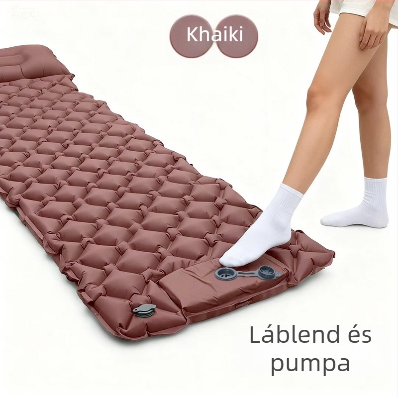 Hordozható kemping matrac párnával és kézi pumpával, 40D nylon TPU; 1–2 fő; súly 600 g
