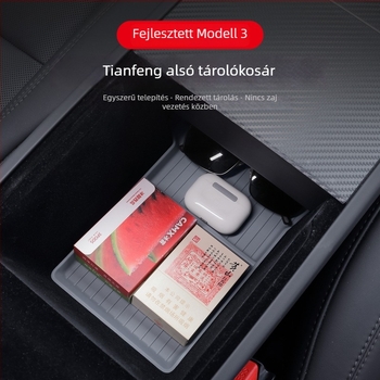 Tesla Model 3 középkonzol alsó tárolódoboz anti-slip párnával, TPE anyagú, belső karfén belüli használatra, fogantyúval