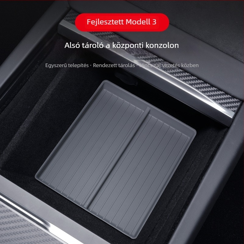 Tesla Model 3 középkonzol alsó tárolódoboz anti-slip párnával, TPE anyagú, belső karfén belüli használatra, fogantyúval