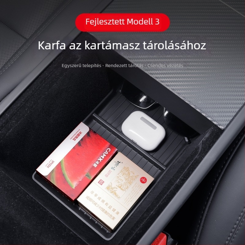 Tesla Model 3 középkonzol alsó tárolódoboz anti-slip párnával, TPE anyagú, belső karfén belüli használatra, fogantyúval