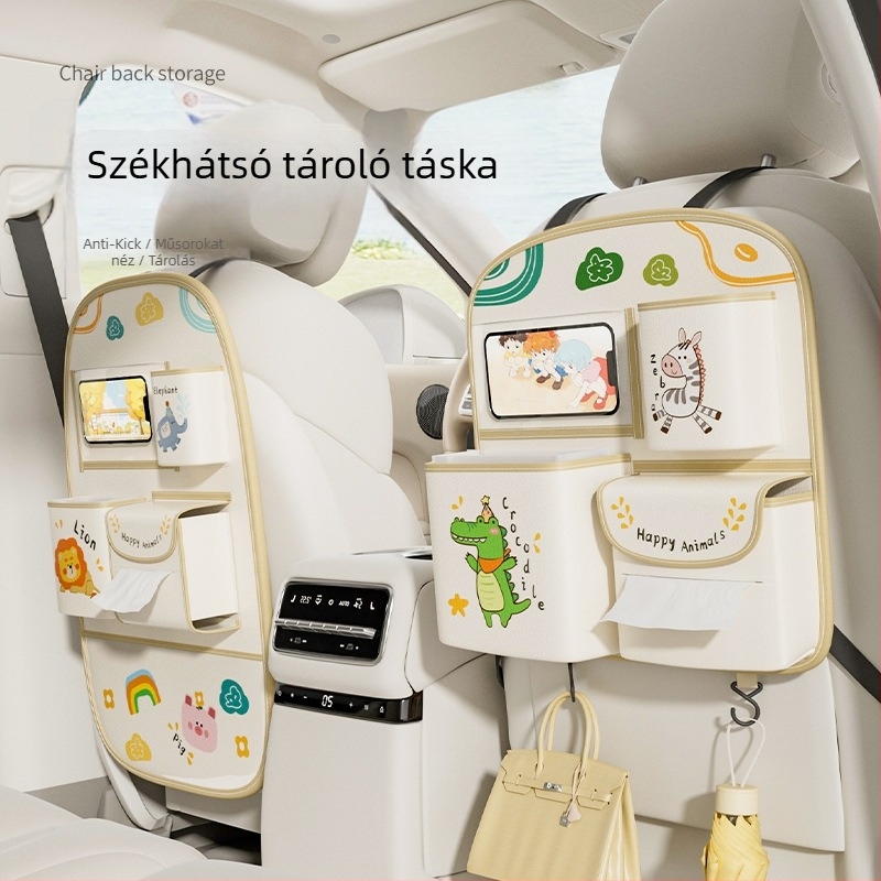 Autóülés hátsó tárolótáska - Bőrből, vízálló, akasztóval, kézi fogantyúval
