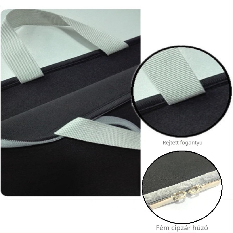 Poliészter laptop táska több rekesszel, cipzáras zárás, belső párnázott rész, számítógép rekesz, vízálló és kopásálló