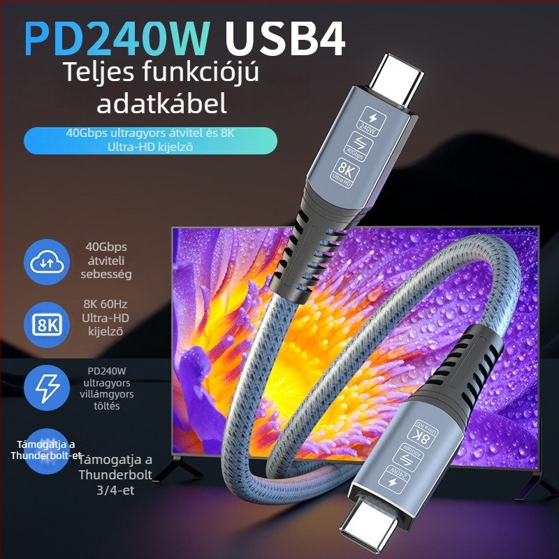 USB4 teljes funkciójú kettős USB-C adatkábel, 40Gbps, Thunderbolt 4/3 kompatibilis, PD240W gyorstöltés, 8K kijelzőhöz