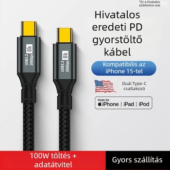 USB Type-C adatok és töltéskábel, szőtt kivitel, 100W gyorstöltés, egyoldali csatlakozó