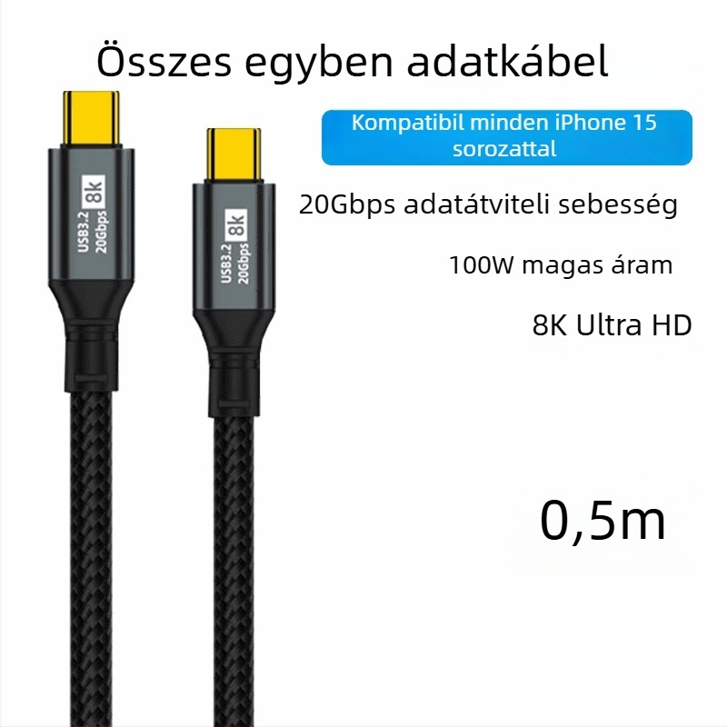 USB Type-C adatok és töltéskábel, szőtt kivitel, 100W gyorstöltés, egyoldali csatlakozó