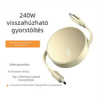 USB-C PD gyors töltésű adatkábel, visszahúzható, 1–2 m, alumíniumötvözet test, laptopokhoz, okostelefonokhoz és tabletekhez