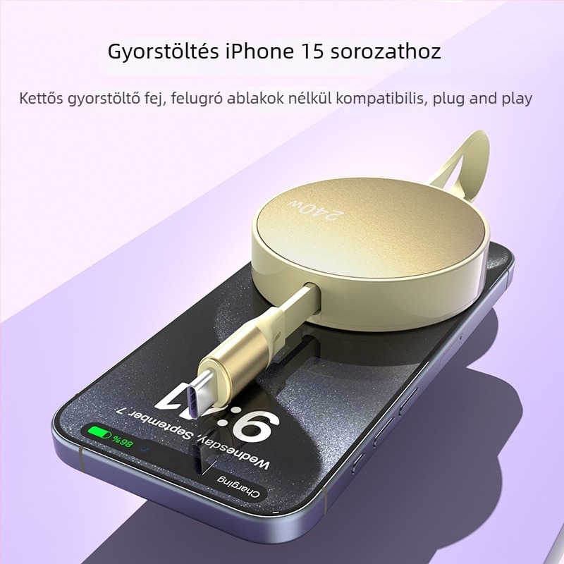 USB-C PD gyors töltésű adatkábel, visszahúzható, 1–2 m, alumíniumötvözet test, laptopokhoz, okostelefonokhoz és tabletekhez