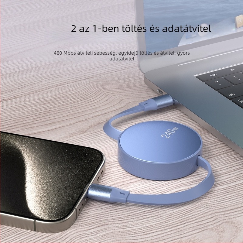 USB-C PD gyors töltésű adatkábel, visszahúzható, 1–2 m, alumíniumötvözet test, laptopokhoz, okostelefonokhoz és tabletekhez