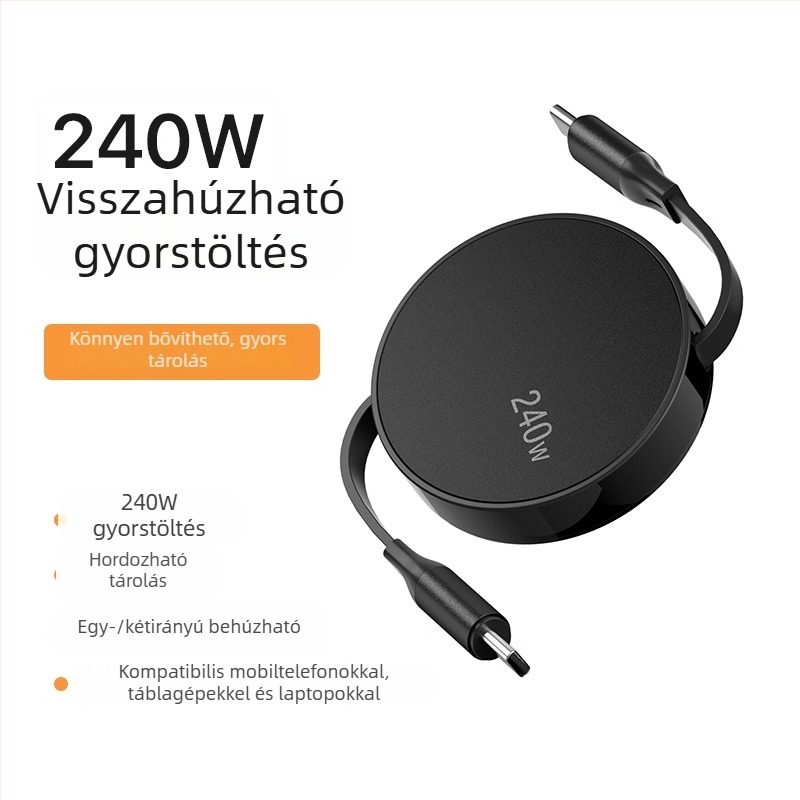 USB-C PD gyors töltésű adatkábel, visszahúzható, 1–2 m, alumíniumötvözet test, laptopokhoz, okostelefonokhoz és tabletekhez