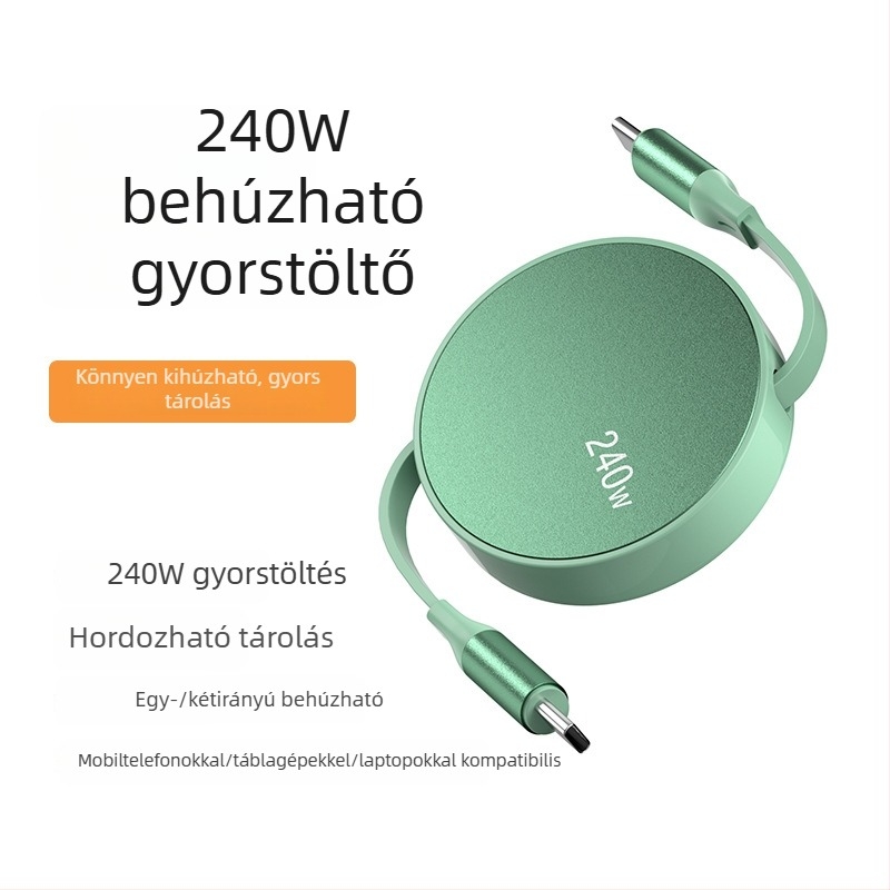 USB-C PD gyors töltésű adatkábel, visszahúzható, 1–2 m, alumíniumötvözet test, laptopokhoz, okostelefonokhoz és tabletekhez