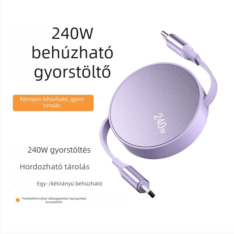 USB-C PD gyors töltésű adatkábel, visszahúzható, 1–2 m, alumíniumötvözet test, laptopokhoz, okostelefonokhoz és tabletekhez