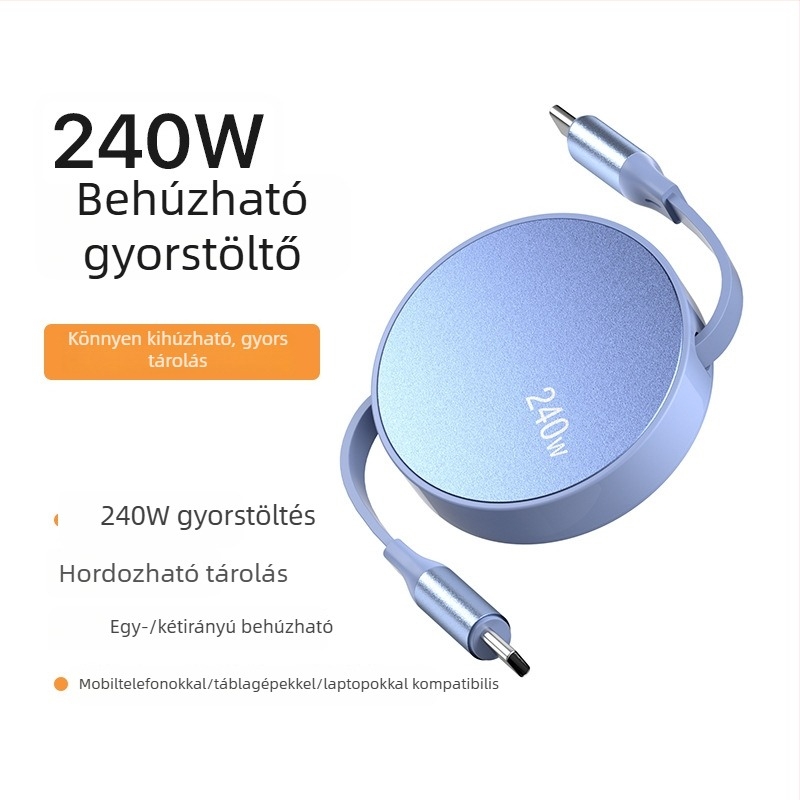 USB-C PD gyors töltésű adatkábel, visszahúzható, 1–2 m, alumíniumötvözet test, laptopokhoz, okostelefonokhoz és tabletekhez