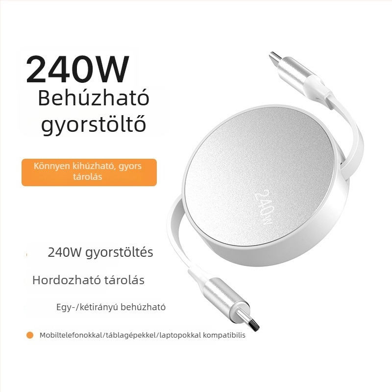 USB-C PD gyors töltésű adatkábel, visszahúzható, 1–2 m, alumíniumötvözet test, laptopokhoz, okostelefonokhoz és tabletekhez