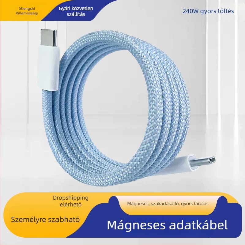 Kétoldalas Type-C mágneses töltő- és adatkábel tablettákhoz, 100W, 1–2 m, szövött kivitel