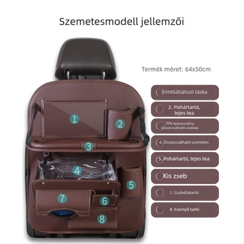 Autóülés hátsó tároló táska – bőr, vízálló, akasztós, testre szabható