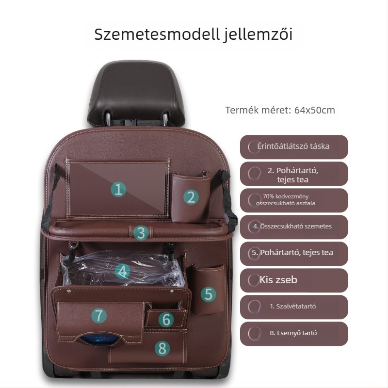Autóülés hátsó tároló táska – bőr, vízálló, akasztós, testre szabható