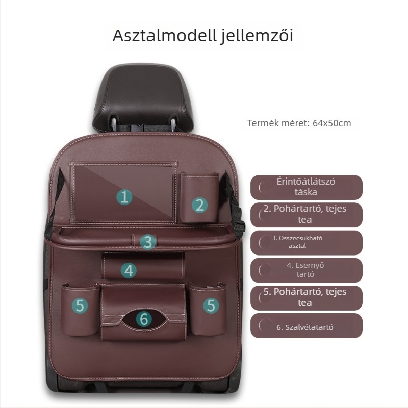 Autóülés hátsó tároló táska – bőr, vízálló, akasztós, testre szabható