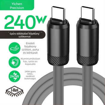 USB-C gyors töltés adatkábel, szilikonból, PD-kompatibilis, 480Mbps, 240W