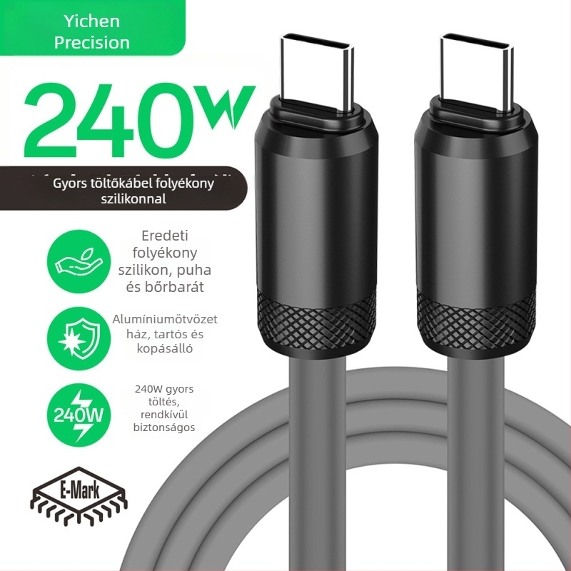 USB-C gyors töltés adatkábel, szilikonból, PD-kompatibilis, 480Mbps, 240W