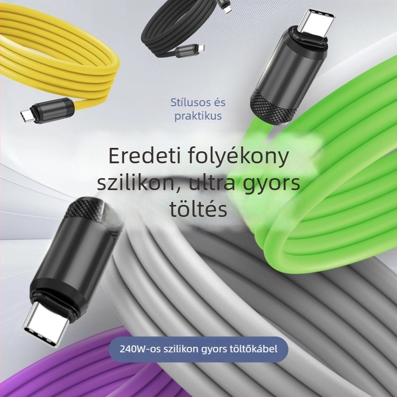 USB-C gyors töltés adatkábel, szilikonból, PD-kompatibilis, 480Mbps, 240W