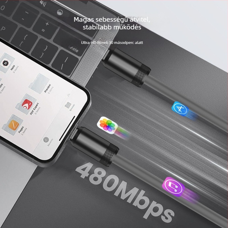 USB-C gyors töltés adatkábel, szilikonból, PD-kompatibilis, 480Mbps, 240W