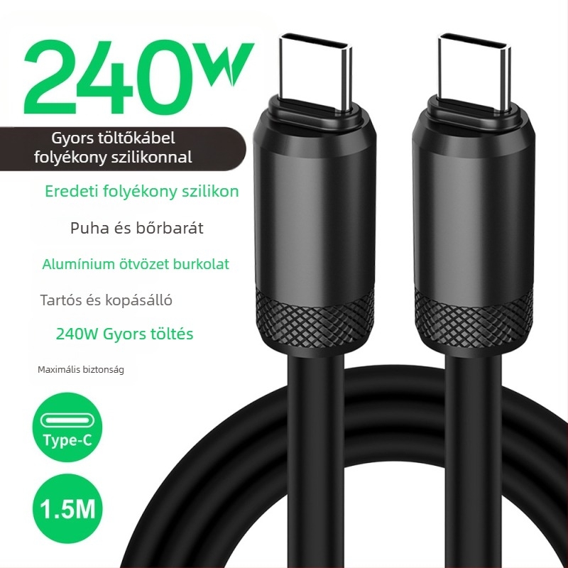 USB-C gyors töltés adatkábel, szilikonból, PD-kompatibilis, 480Mbps, 240W