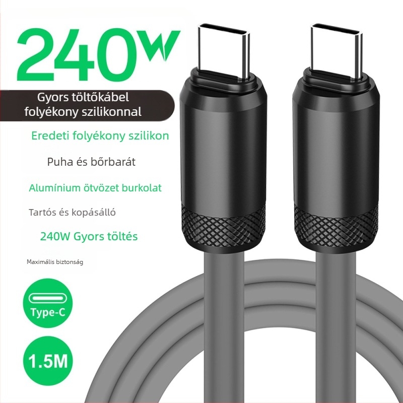 USB-C gyors töltés adatkábel, szilikonból, PD-kompatibilis, 480Mbps, 240W