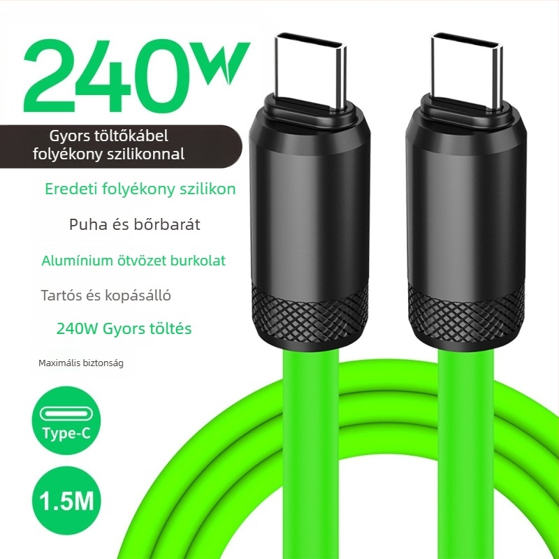 USB-C gyors töltés adatkábel, szilikonból, PD-kompatibilis, 480Mbps, 240W