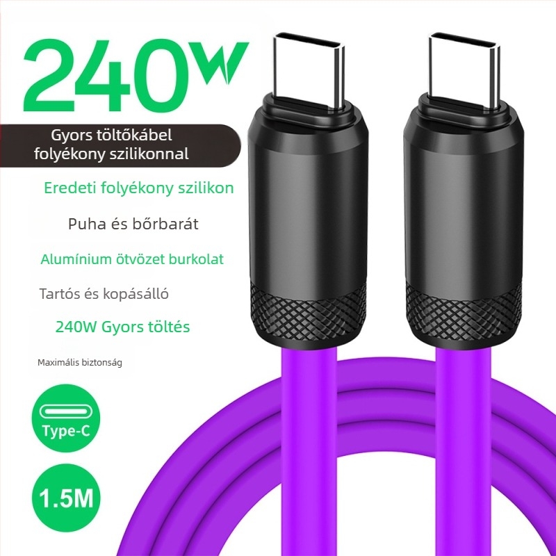 USB-C gyors töltés adatkábel, szilikonból, PD-kompatibilis, 480Mbps, 240W