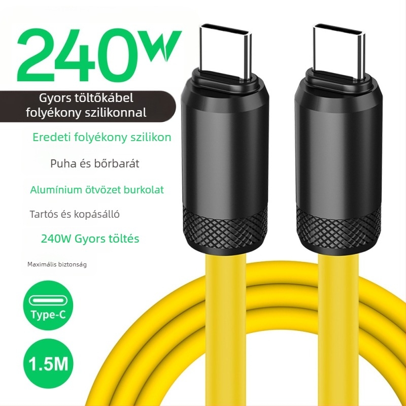 USB-C gyors töltés adatkábel, szilikonból, PD-kompatibilis, 480Mbps, 240W